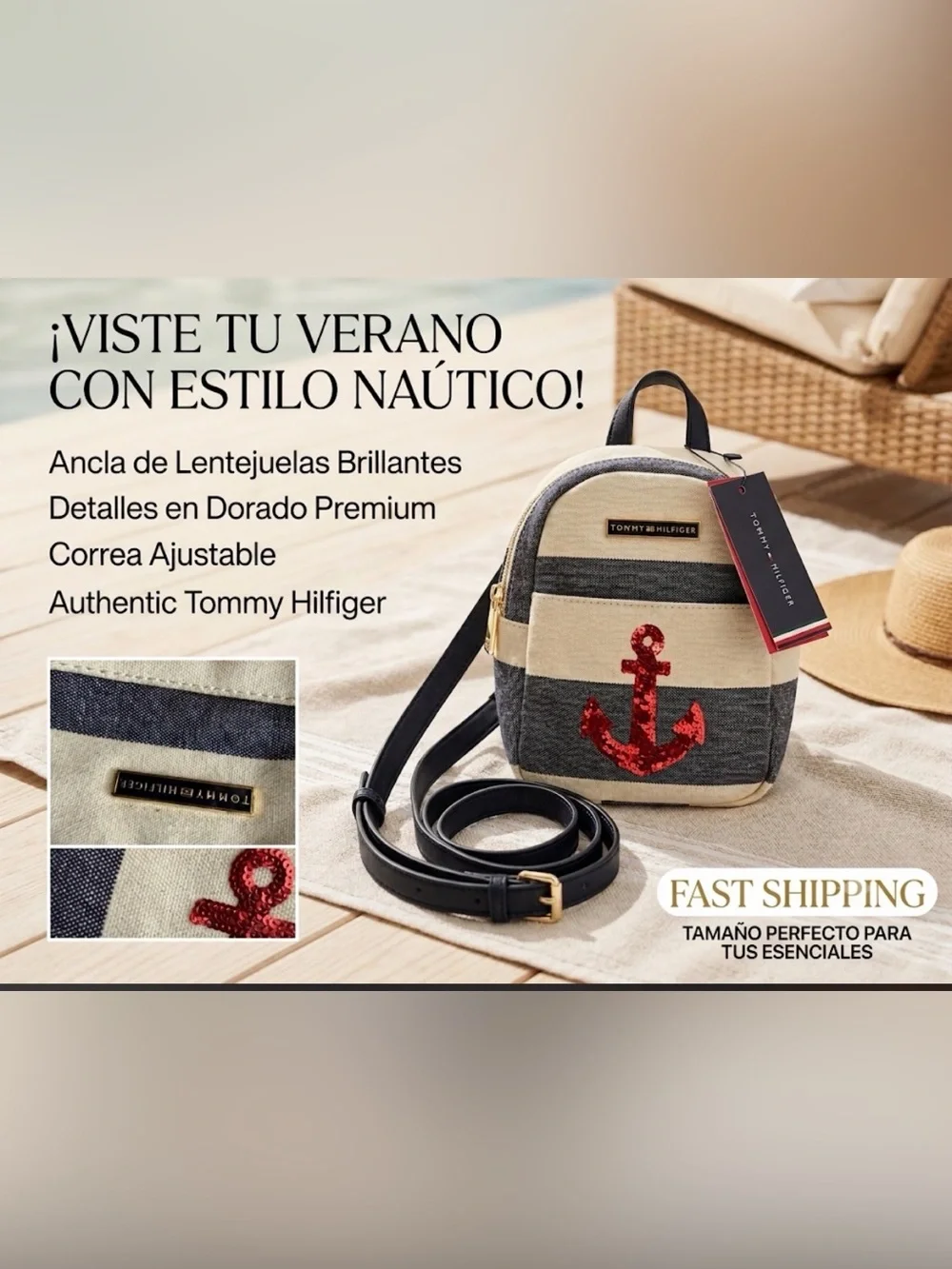 Tommy Hilfiger Striped Mini Backpack with Red Sequin Anchor